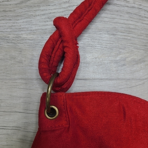VINTAGE Escada Red Velvet Bronze Logo Sweetheart Knotted Strap Handbag - Picture 3 of 11